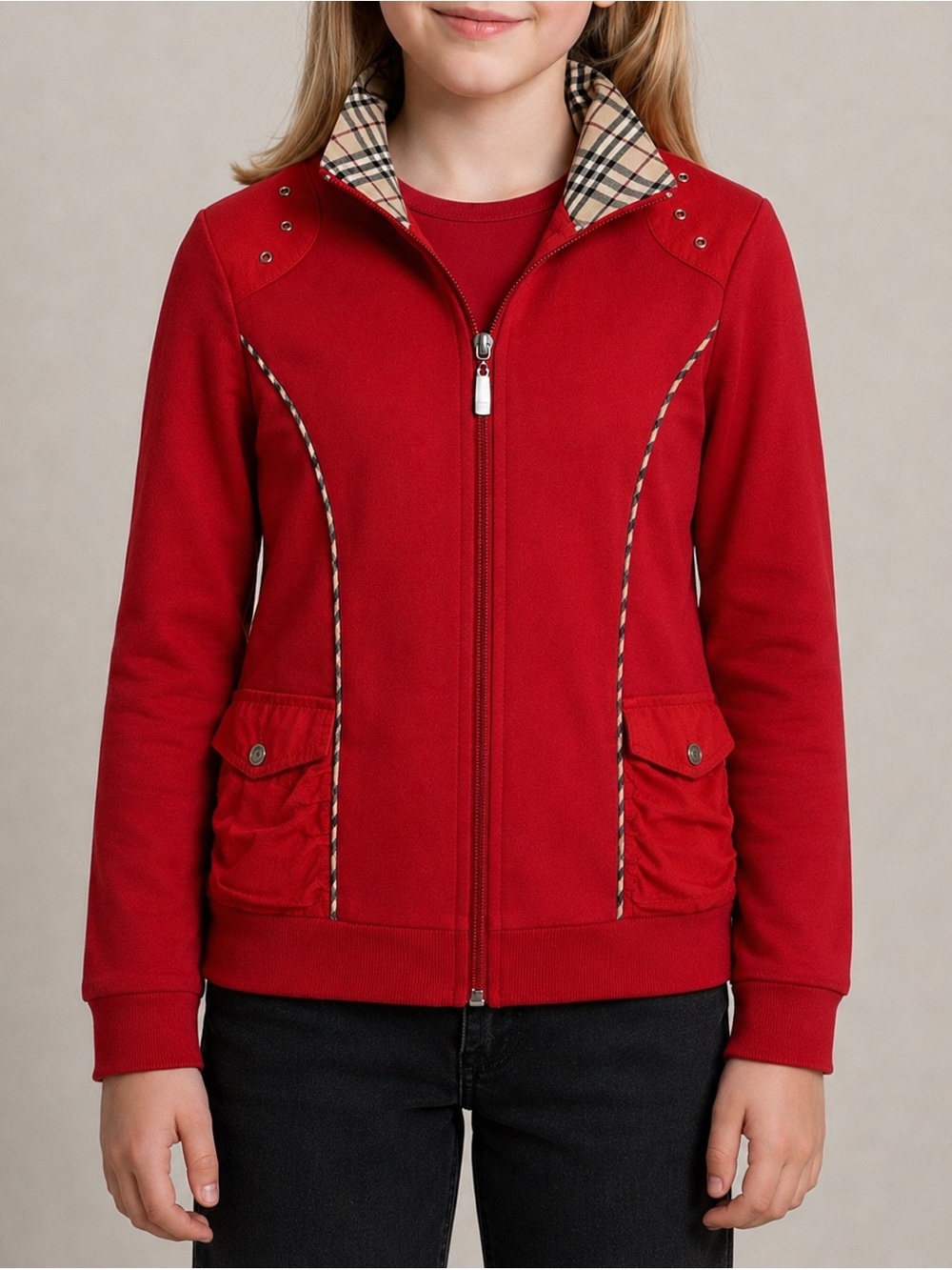 Burberry Red Girls' Zip-Up Jacket with Signature Check Trim
